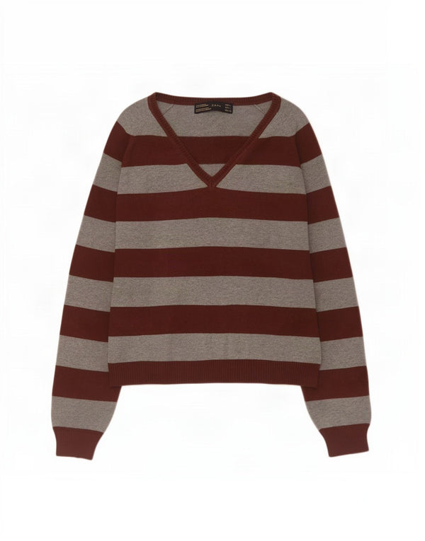 Maglione corto con scollo a V da donna Zara UK 14 Cotone a righe grandi grigie