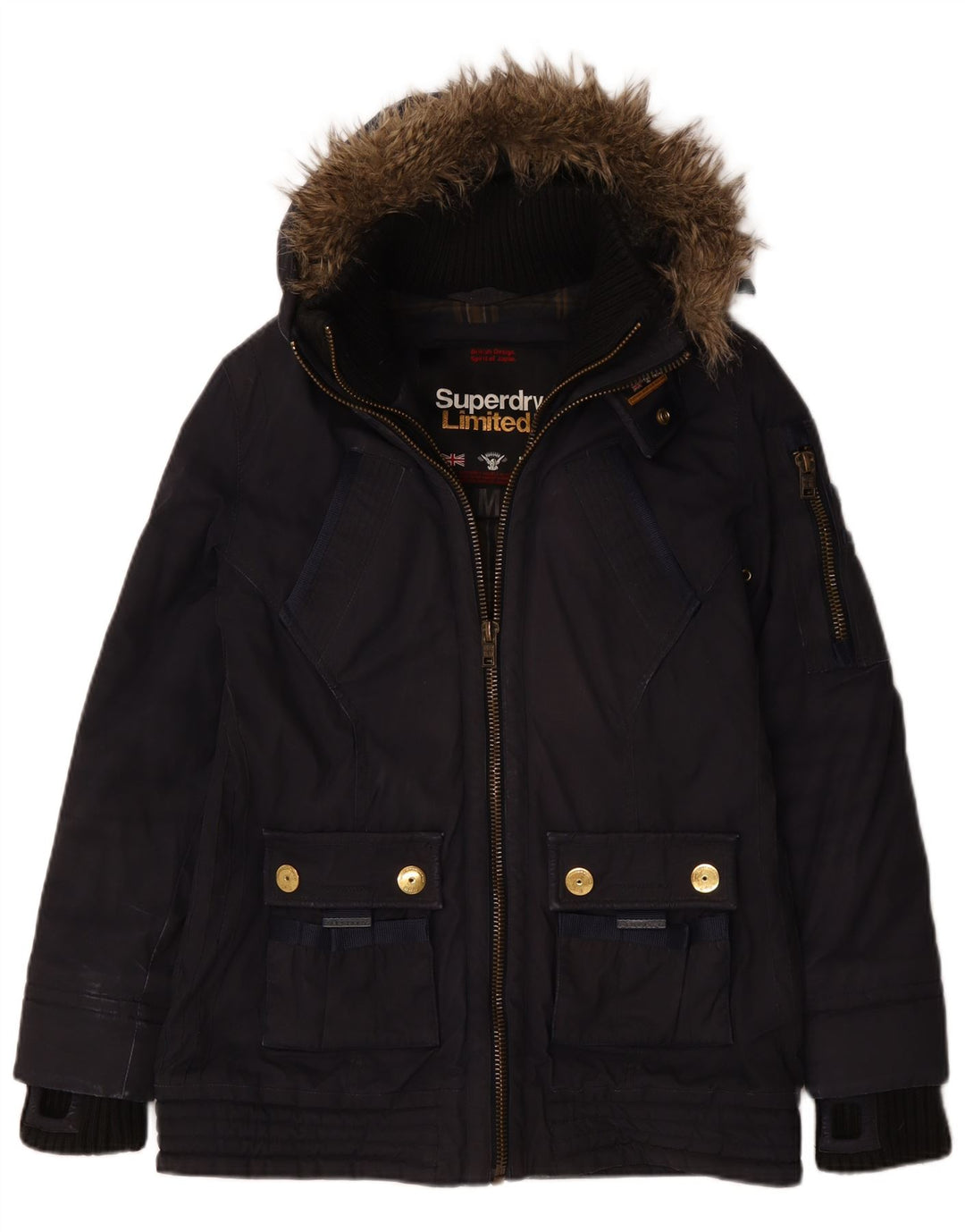 Giacca a vento con cappuccio da donna Superdry UK 14 cotone medio blu navy