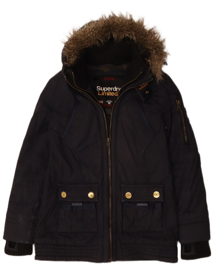 Giacca a vento con cappuccio da donna Superdry UK 14 cotone medio blu navy