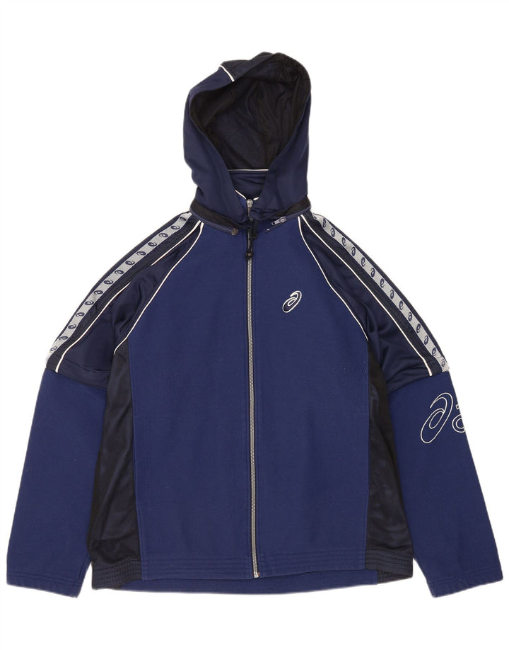 Giacca sportiva da uomo con cappuccio grafico Asics, giacca grande, color block blu