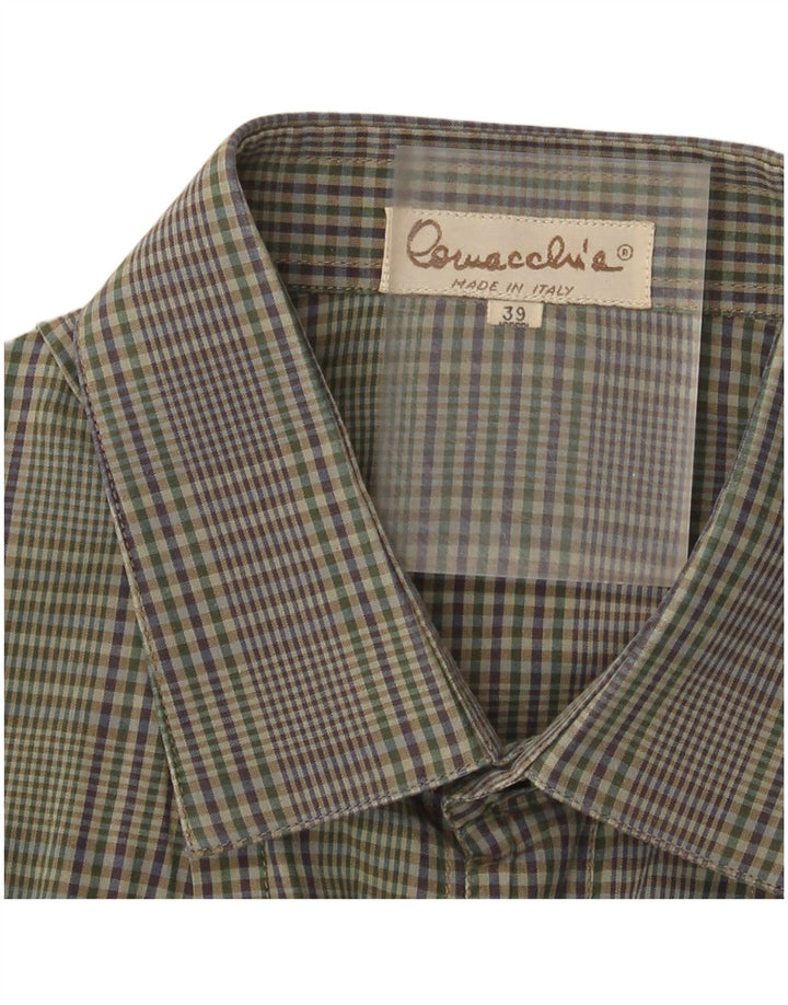 Camicia da uomo vintage taglia 39 in cotone a quadri kaki medio