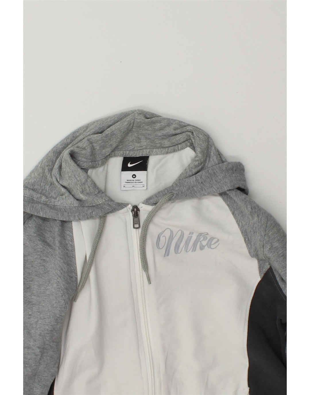 NIKE Womens Graphic Zip Hoodie Sweater UK 14 Medium Grey Colourblock Vintage Nike and Second-Hand Nike from Messina Hembry 