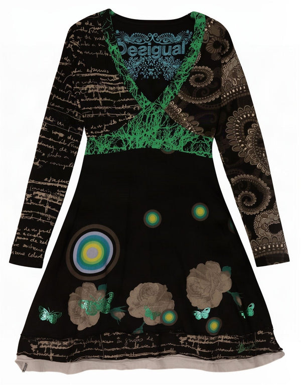 Desigual Abito da donna a maniche lunghe con grafica grafica UK 12 Medio Nero maculato