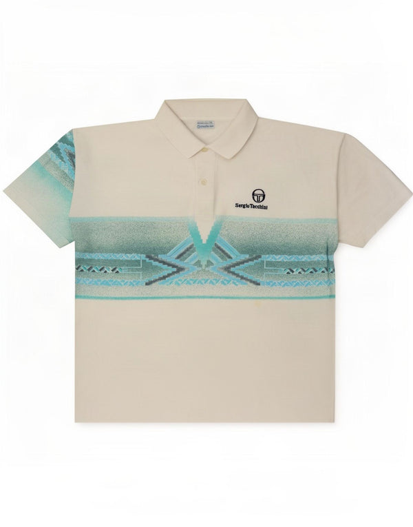 Sergio Tacchini Mens Polo Shirt Medium White Geometric Cotton