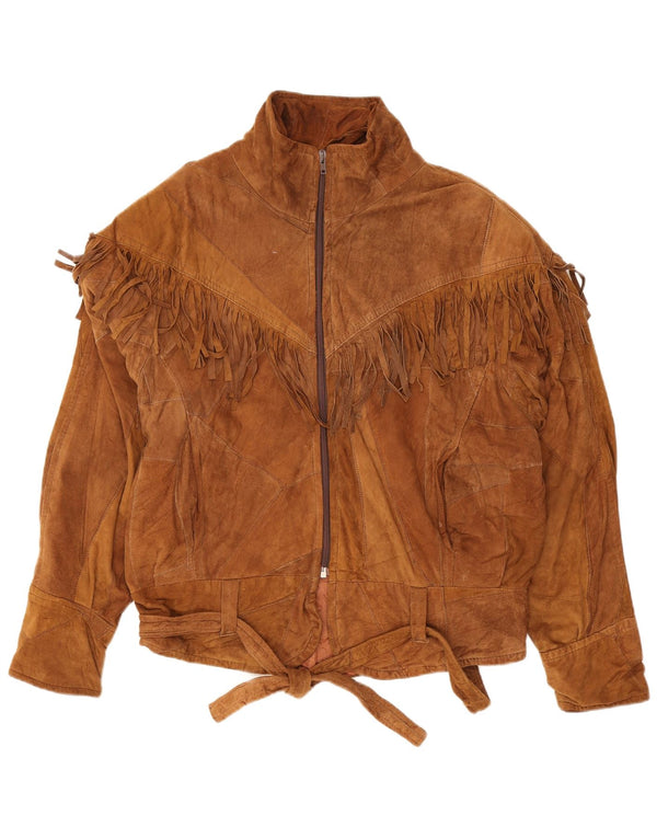 Giacca vintage in pelle scamosciata western da donna UK 14 Marrone medio
