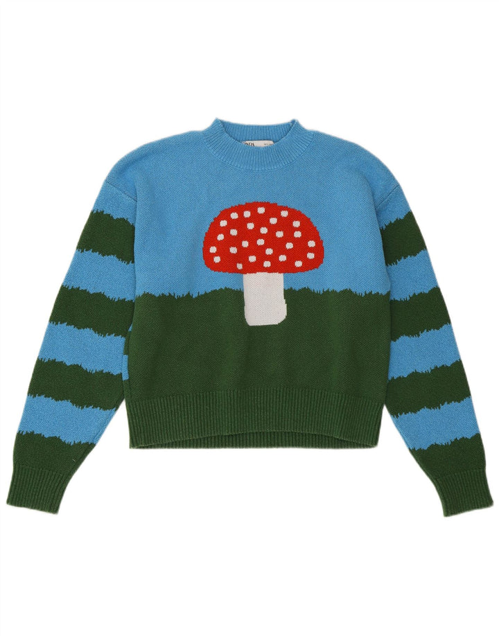 Maglione Girocollo Corto da Donna ZARA UK 10 Piccolo Blu Colorblock