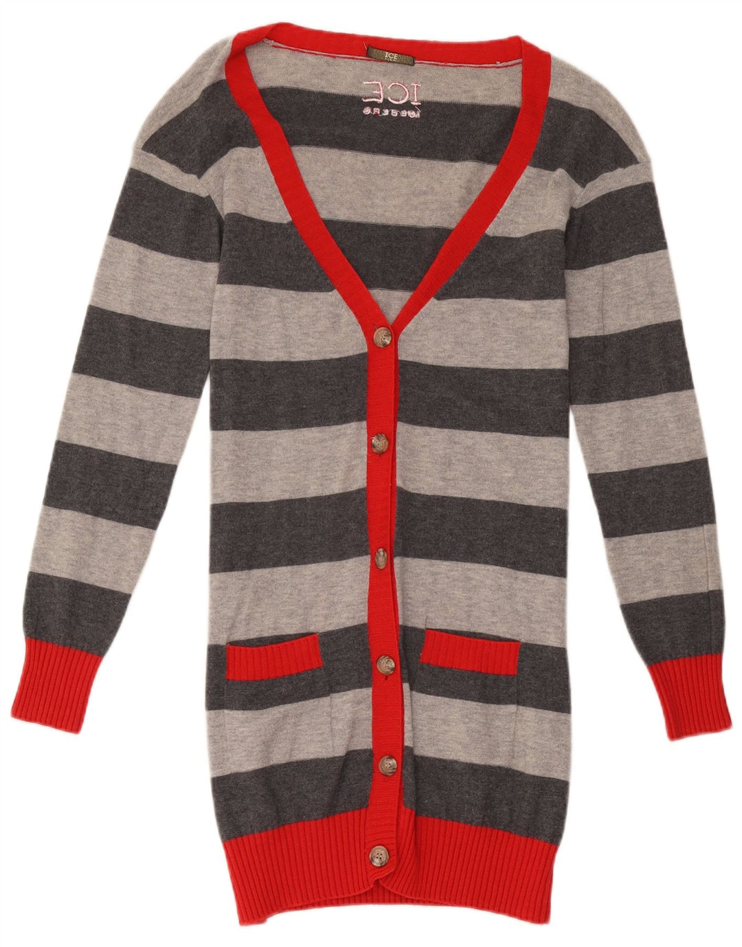 Maglione cardigan lungo da donna Iceberg UK 10 piccolo lana a righe grigie