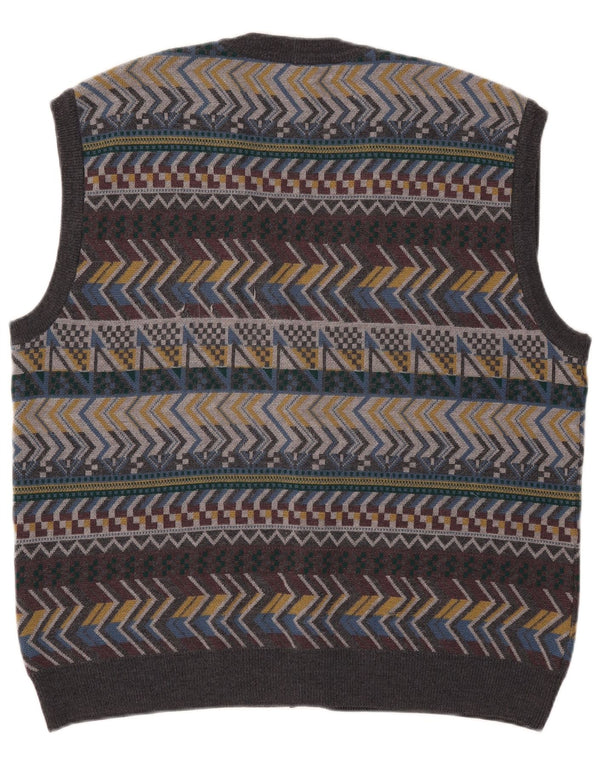 Maglione cardigan senza maniche vintage da uomo IT 56 XL lana geometrica grigia