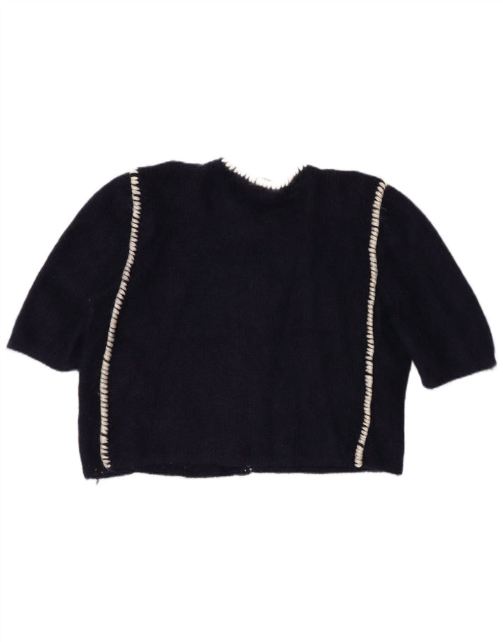 Maglione Bolero da donna VINTAGE a 1/2 manica UK 16 Grande floreale blu navy