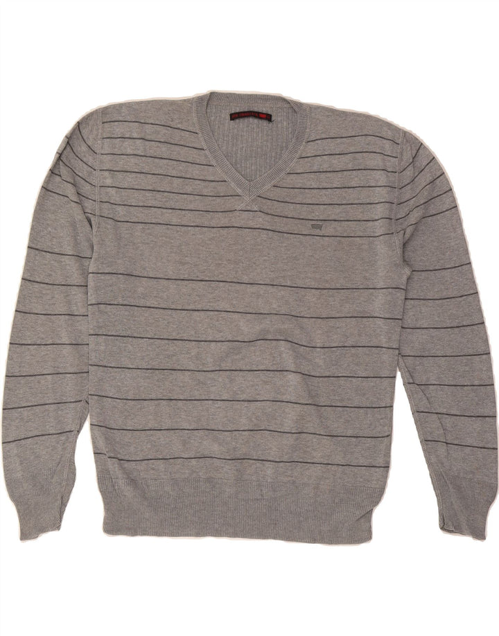 LEVI'S Mens V-Neck Jumper Sweater Large Grey Striped Cotton Vintage Levi's and Second-Hand Levi's from Messina Hembry 