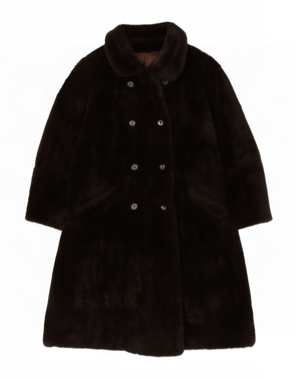 Cappotto doppiopetto vintage in pelliccia sintetica da donna UK 16 grande marrone