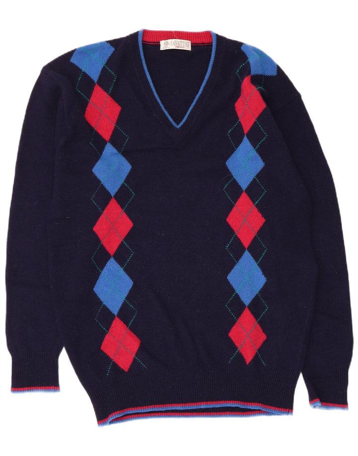 Maglione vintage da uomo con scollo a V medio blu navy a rombi/diamante