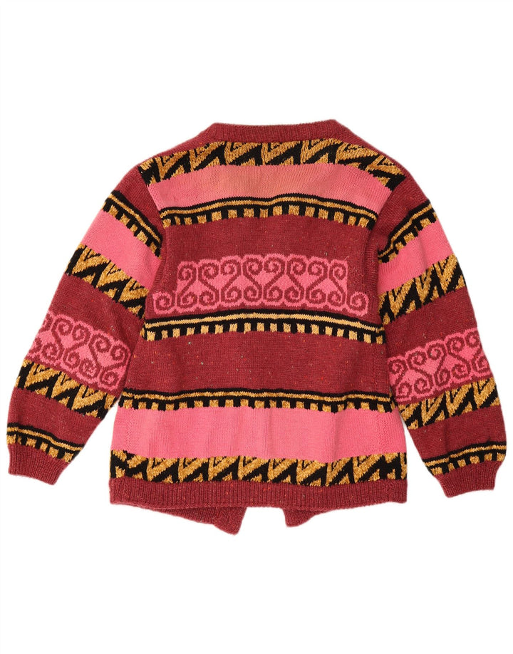 Maglione cardigan aperto da donna vintage UK 12 rosso medio geometrico