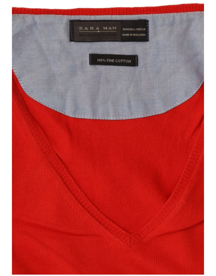 Maglione ZARA da uomo con scollo a V grande in cotone rosso