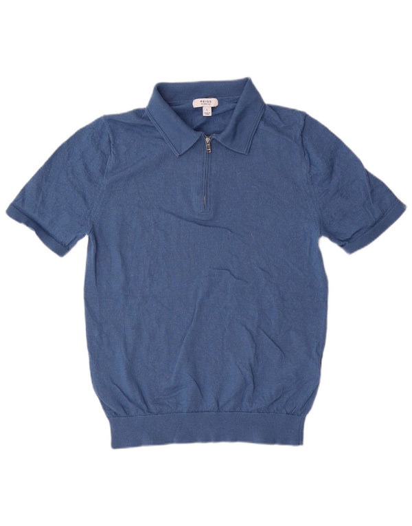 Maglione Reiss da donna a maniche corte con collo a polo UK 14 grande lana blu
