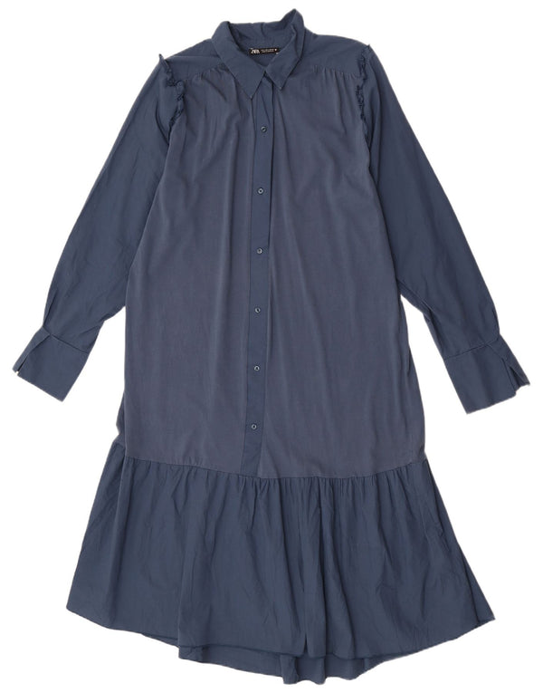 Abito camicia a maniche lunghe da donna Zara UK 16 grande in cotone blu navy