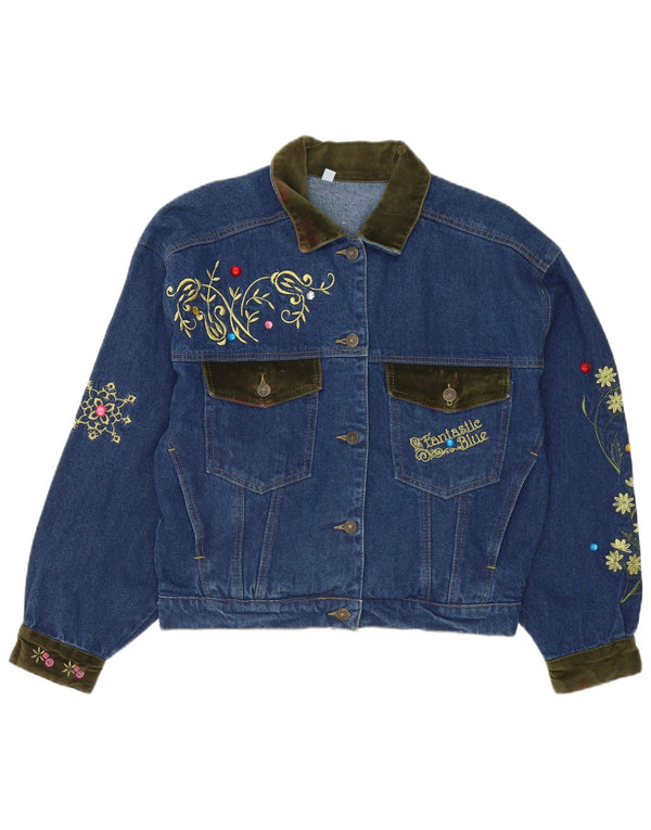 Giacca di jeans vintage da donna vestibilità ampia UK 14 cotone floreale blu medio