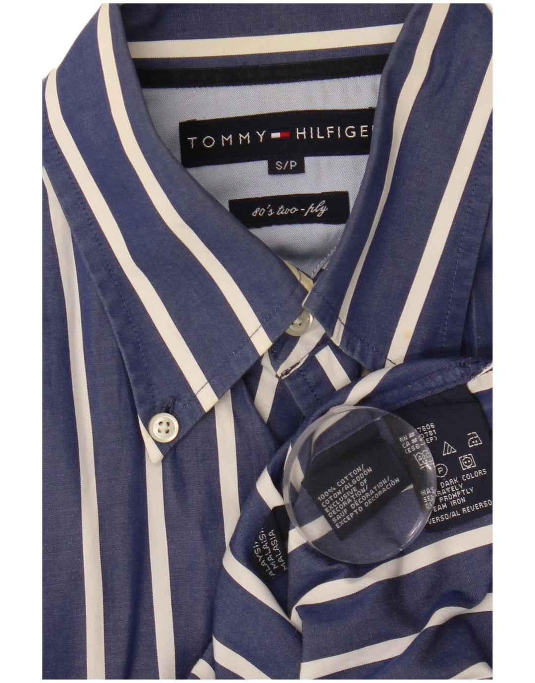 TOMMY HILFIGER Camicia da uomo piccola in cotone gessato blu navy anni '80