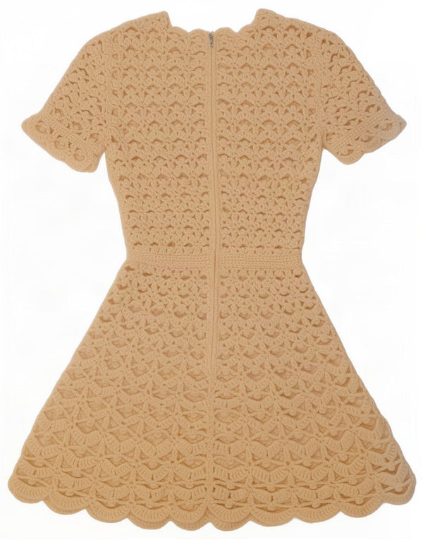 Abito maglione vintage da donna a maniche corte all'uncinetto UK 10 piccolo beige