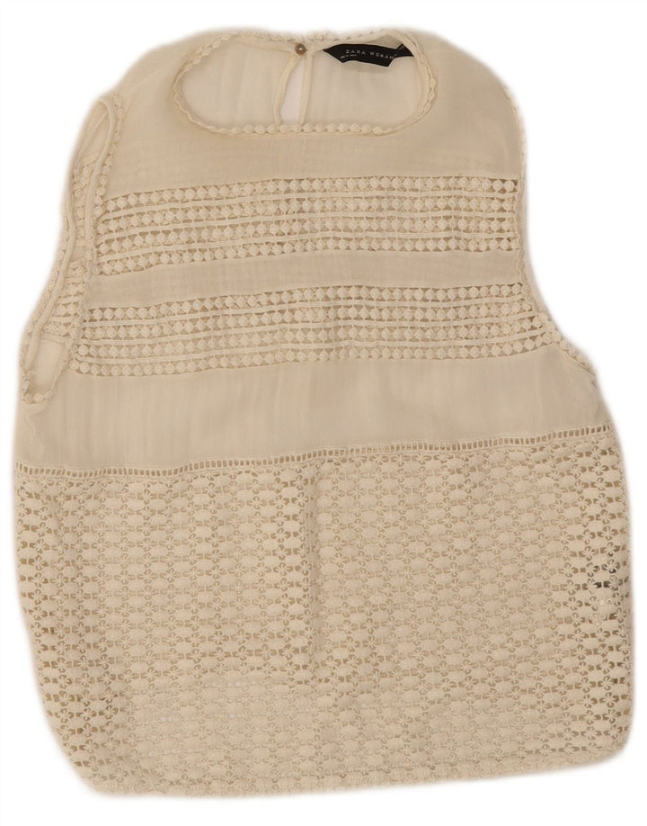 Top corto in camicetta di pizzo senza maniche da donna Zara UK 12 poliestere bianco medio