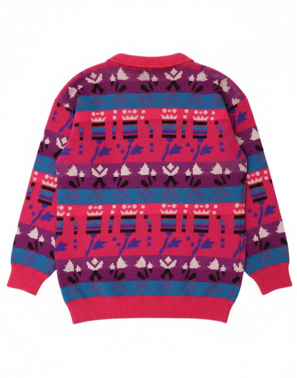 Maglione vintage da donna con collo a polo UK 14 Acrilico Fair Isle rosa medio