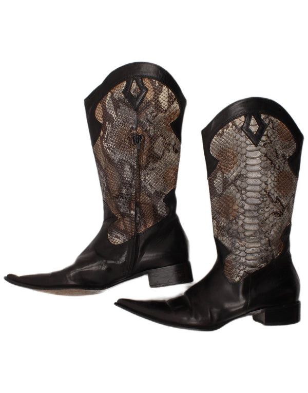 Stivali da cowboy vintage da donna taglia UK 7 neri con stampa animalier western