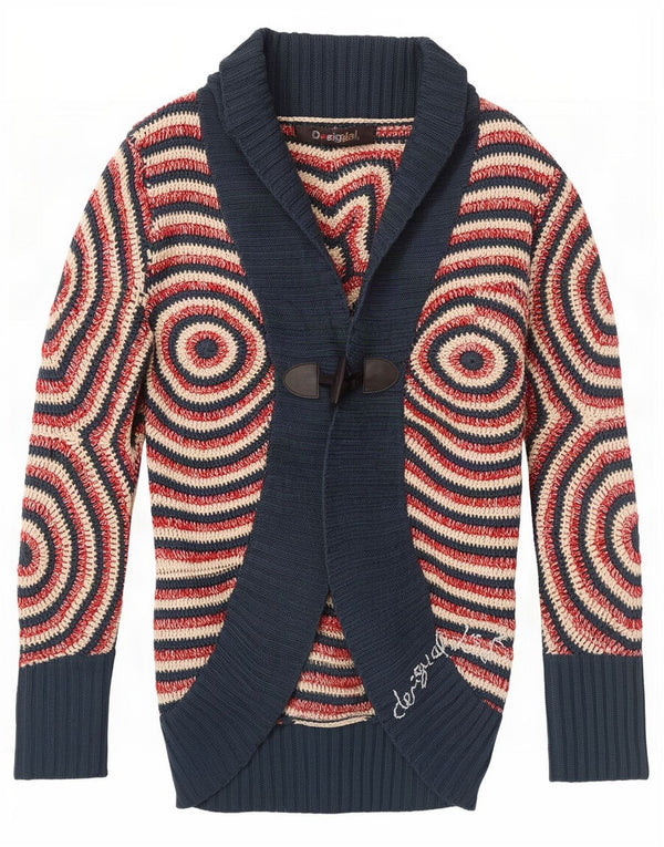 Desigual Womens Graphic Cardigan Sweater UK 14 Large Navy Blue Geometric