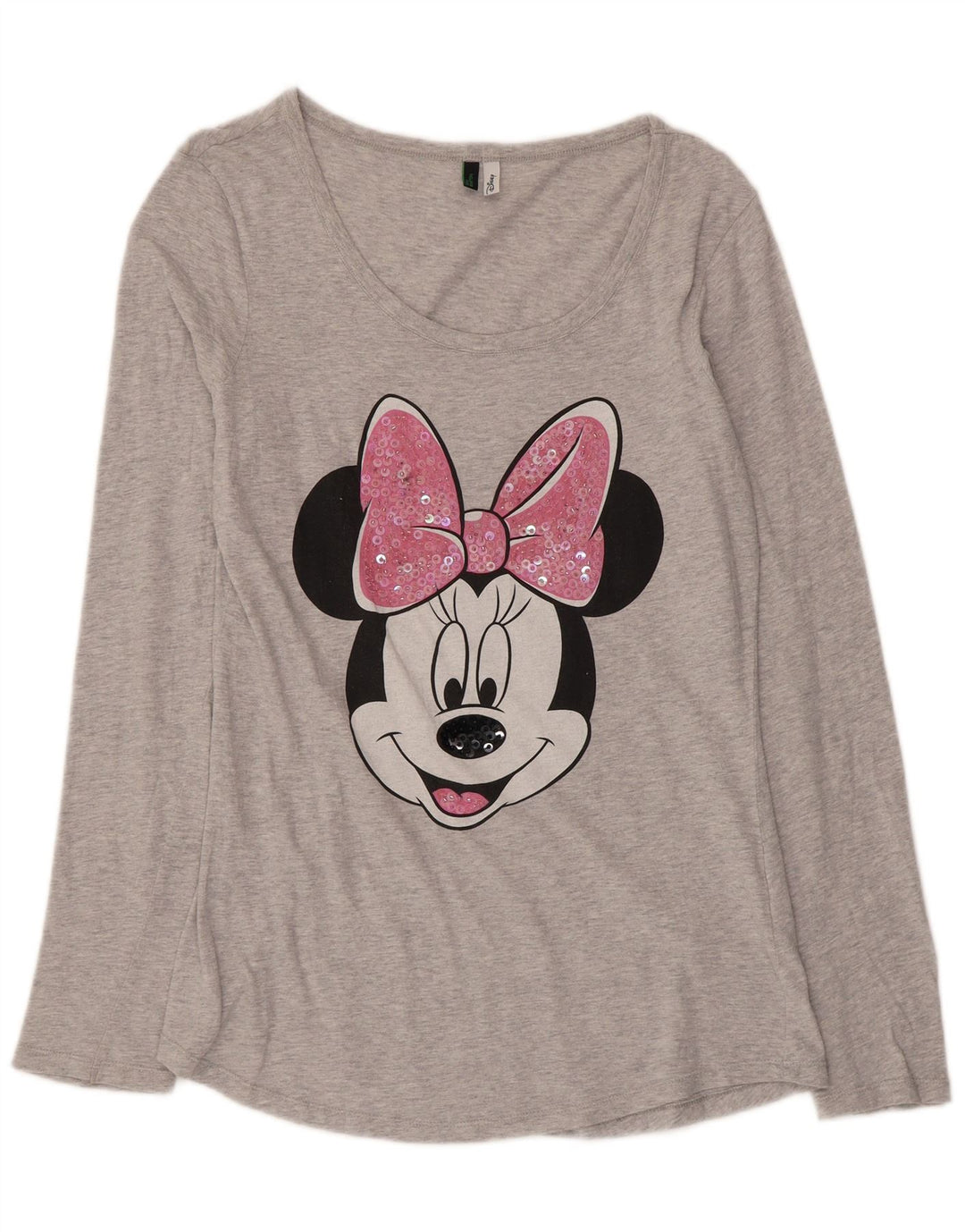 Benetton Top da donna con grafica Minnie a maniche lunghe in cotone grigio medio