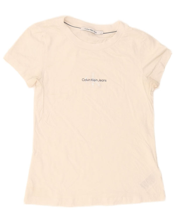 Calvin Klein Jeans T-shirt grafica da donna Top UK 10 Small Cotone bianco
