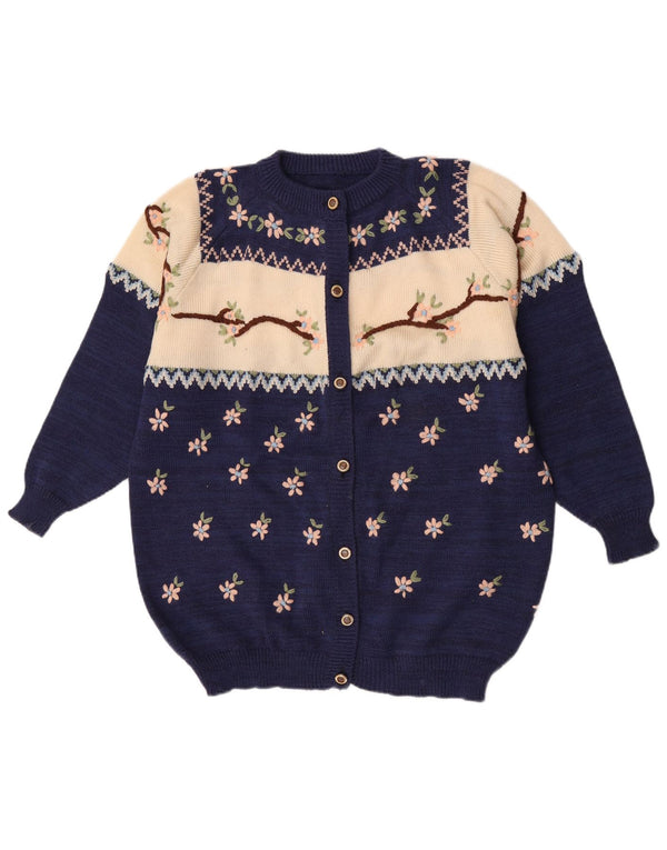 Maglione cardigan oversize da donna vintage UK 18 XL Blu navy floreale