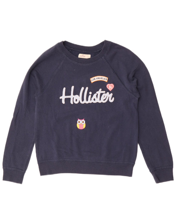 Felpa con grafica Hollister da donna, maglione UK 10 Small, cotone blu navy
