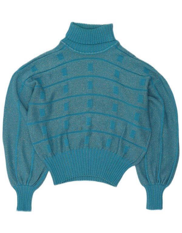 Maglione corto da donna vintage con collo alto e maglione UK 16 a righe grandi blu