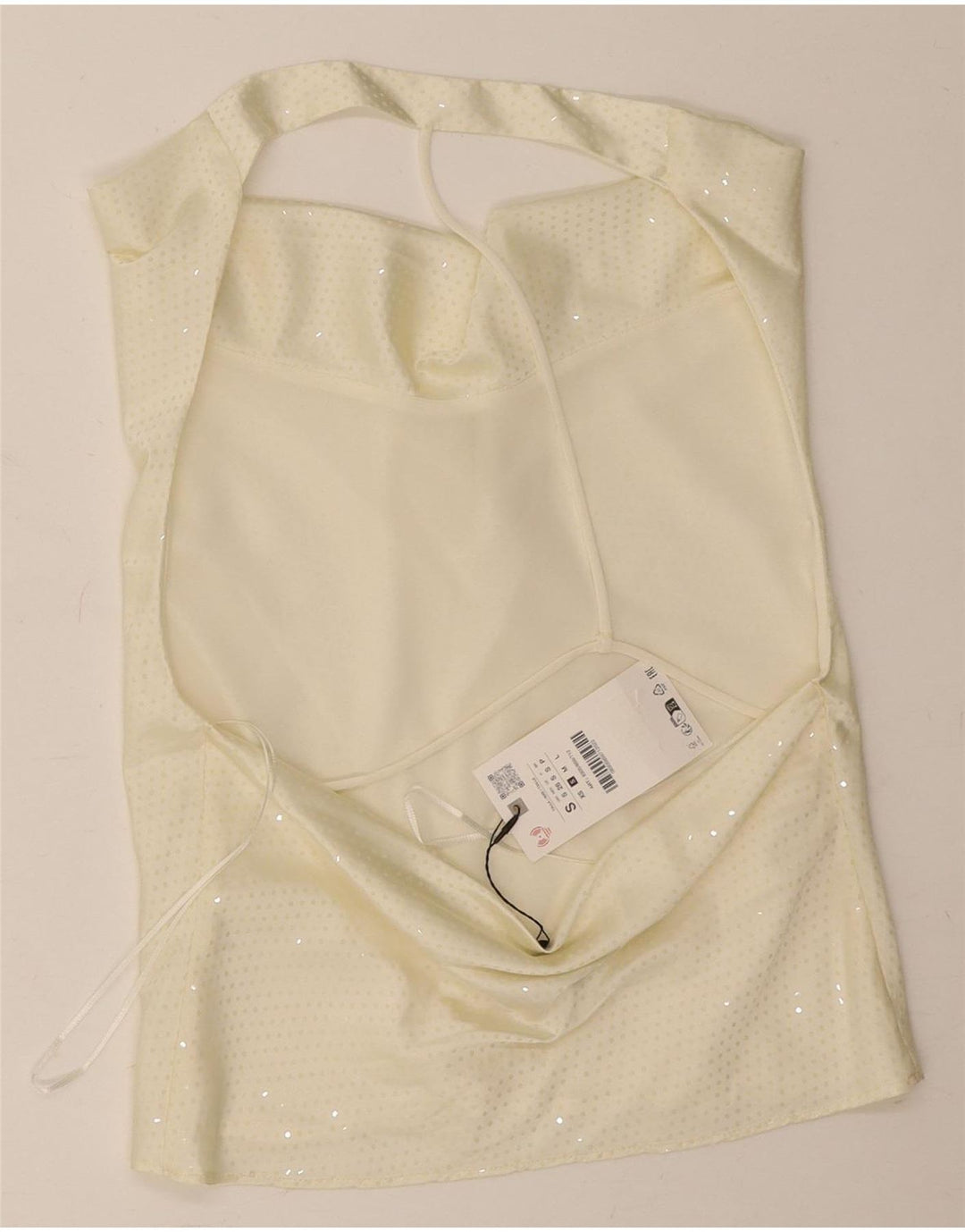 Top corto da donna con spalle scoperte Zara UK 10 piccolo poliestere screziato bianco sporco