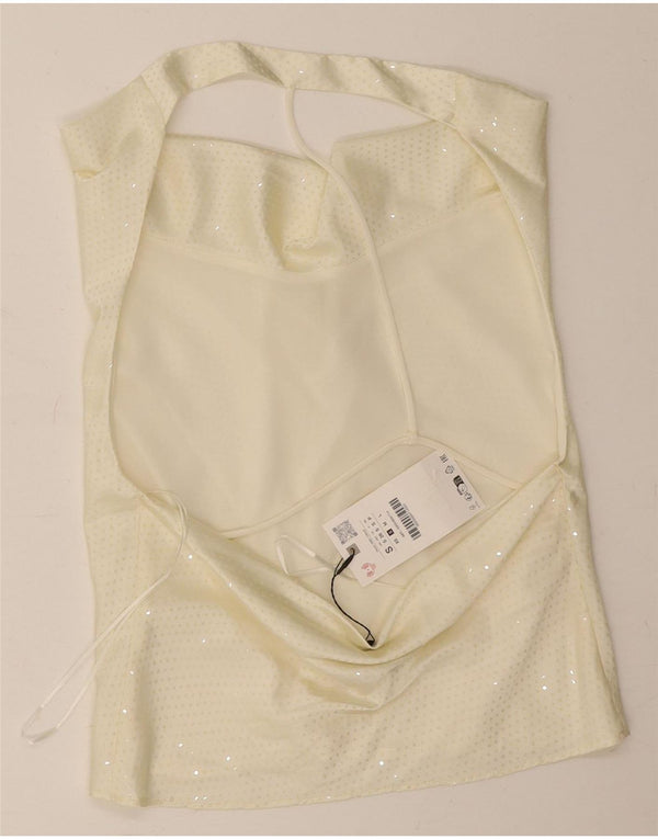 Top corto da donna con spalle scoperte Zara UK 10 piccolo poliestere screziato bianco sporco