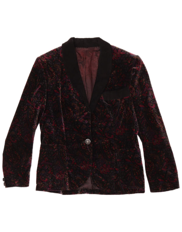 Giacca blazer in velluto da donna vintage a 1 bottone UK 12 medio bordeaux floreale