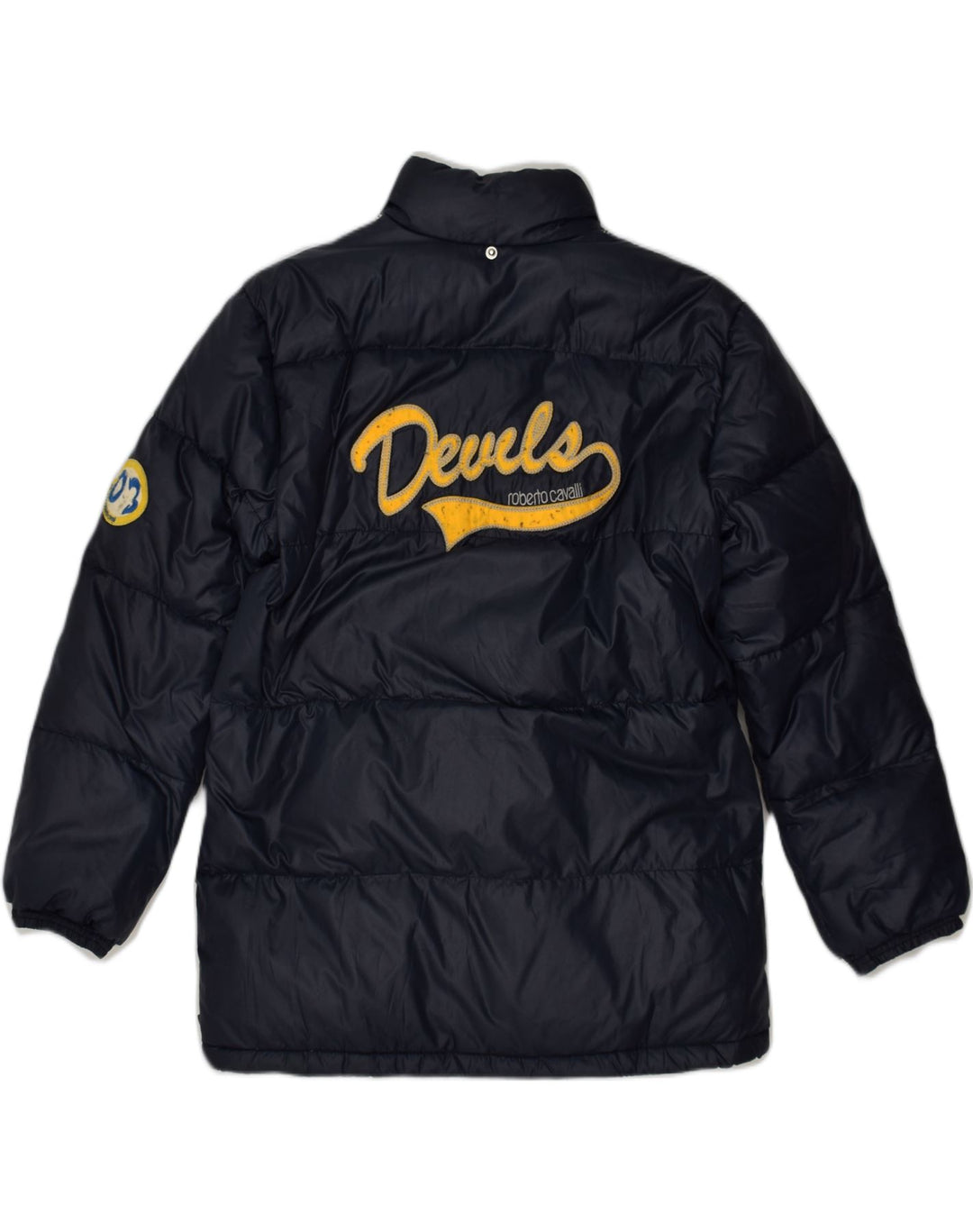 ROBERTO CAVALLI Boys Devils Graphic Padded Jacket 14-15 Years Navy Blue | Vintage Roberto Cavalli | Thrift | Second-Hand Roberto Cavalli | Used Clothing | Messina Hembry 