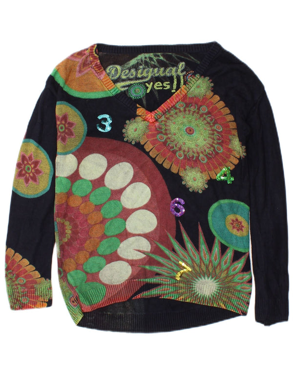 Desigual donna maglione con scollo a V grafico UK 10 piccolo blu navy floreale