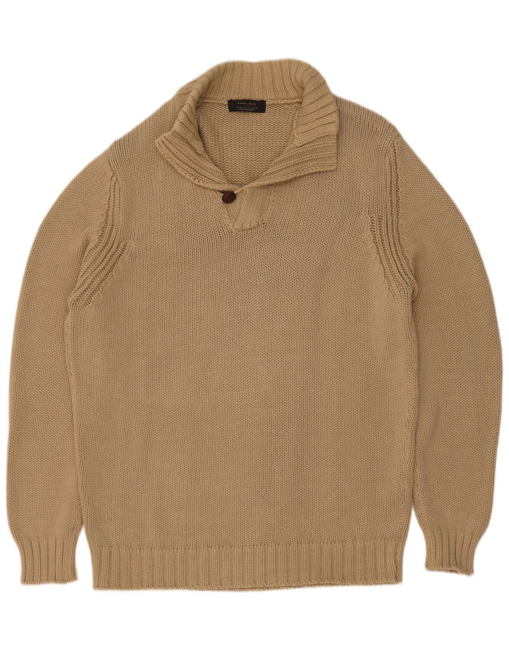 Maglione Zara da uomo con collo a bottoni XL in cotone beige