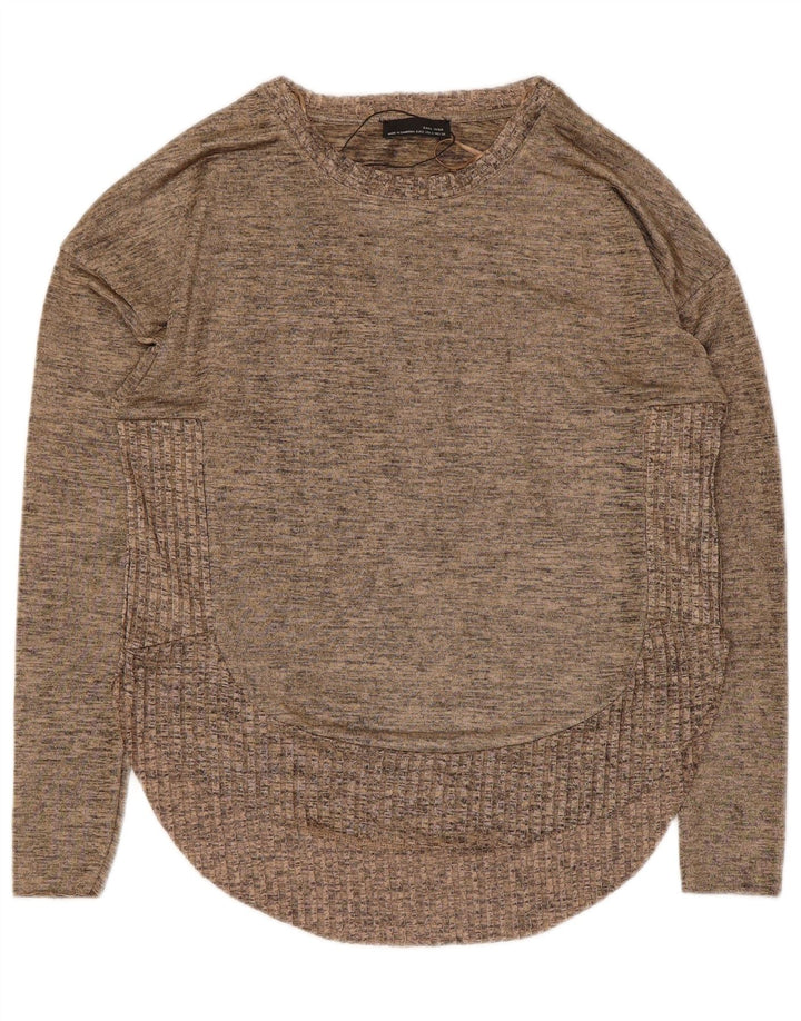 Top Zara da donna a maniche lunghe UK 10 piccolo poliestere screziato beige