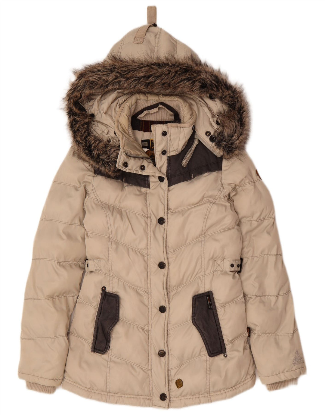 Giacca imbottita oversize con cappuccio da donna KHUJO UK 10 piccola in poliestere beige