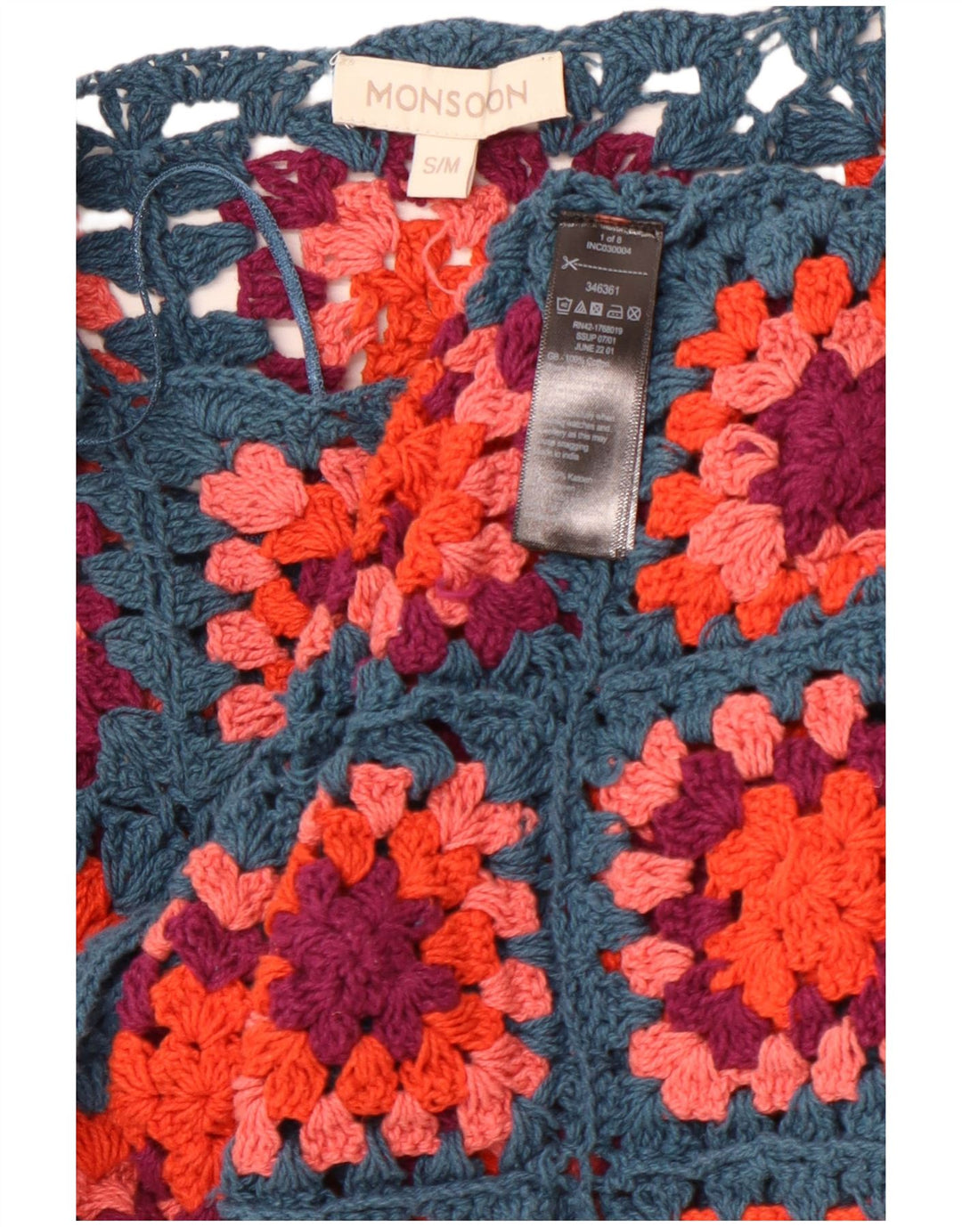 MONSOON Maglione da donna con scollo a barca all'uncinetto UK 10 piccolo quadretto blu