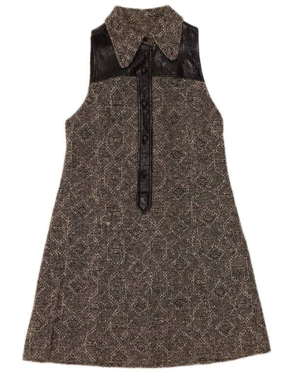 Abito a trapezio senza maniche vintage da donna UK 8 piccolo nero geometrico