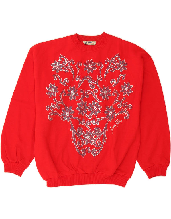 Maglione maglione girocollo da donna VINTAGE UK 14 Acrilico floreale rosso medio