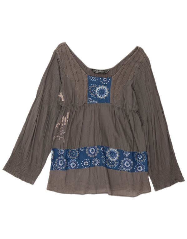 Desigual Donna Graphic Manica Lunga Camicetta Top UK 16 Large Grigio Geometrico