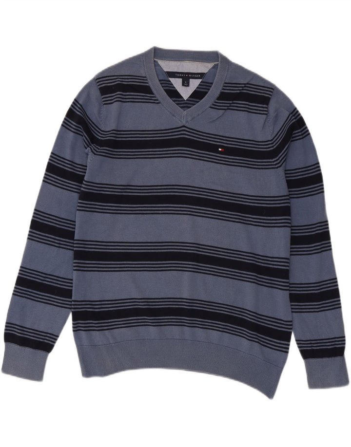 TOMMY HILFIGER Maglione da uomo con scollo a V in cotone a righe blu medio
