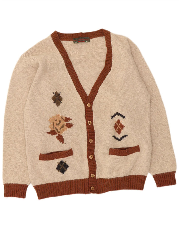 Maglione cardigan da uomo vintage piccolo beige a rombi/lana diamante
