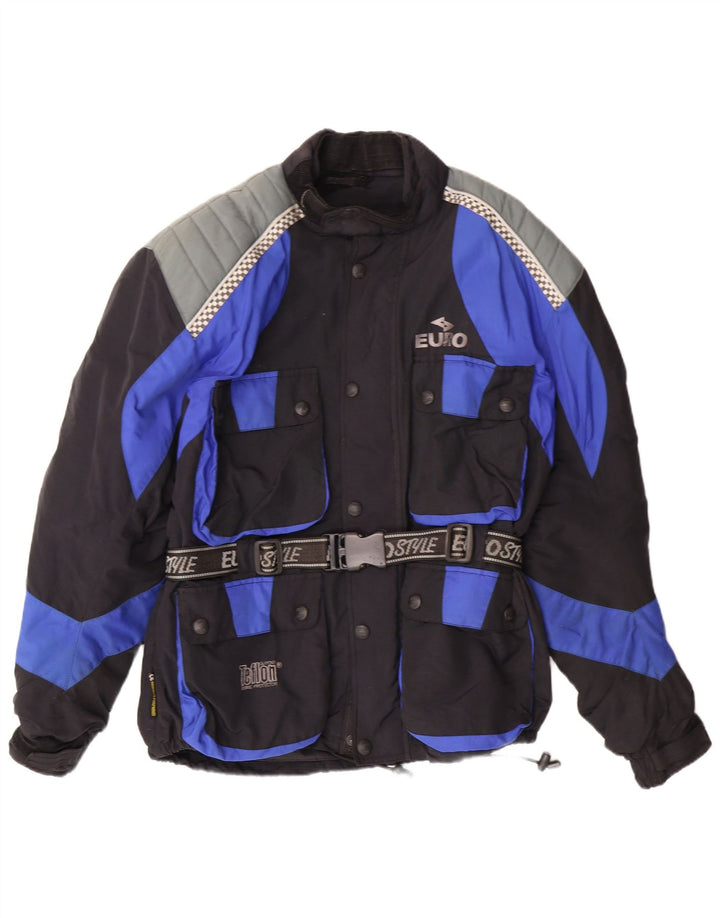 VINTAGE Mens Graphic Biker Jacket UK 36 Small Black Colourblock Nylon
