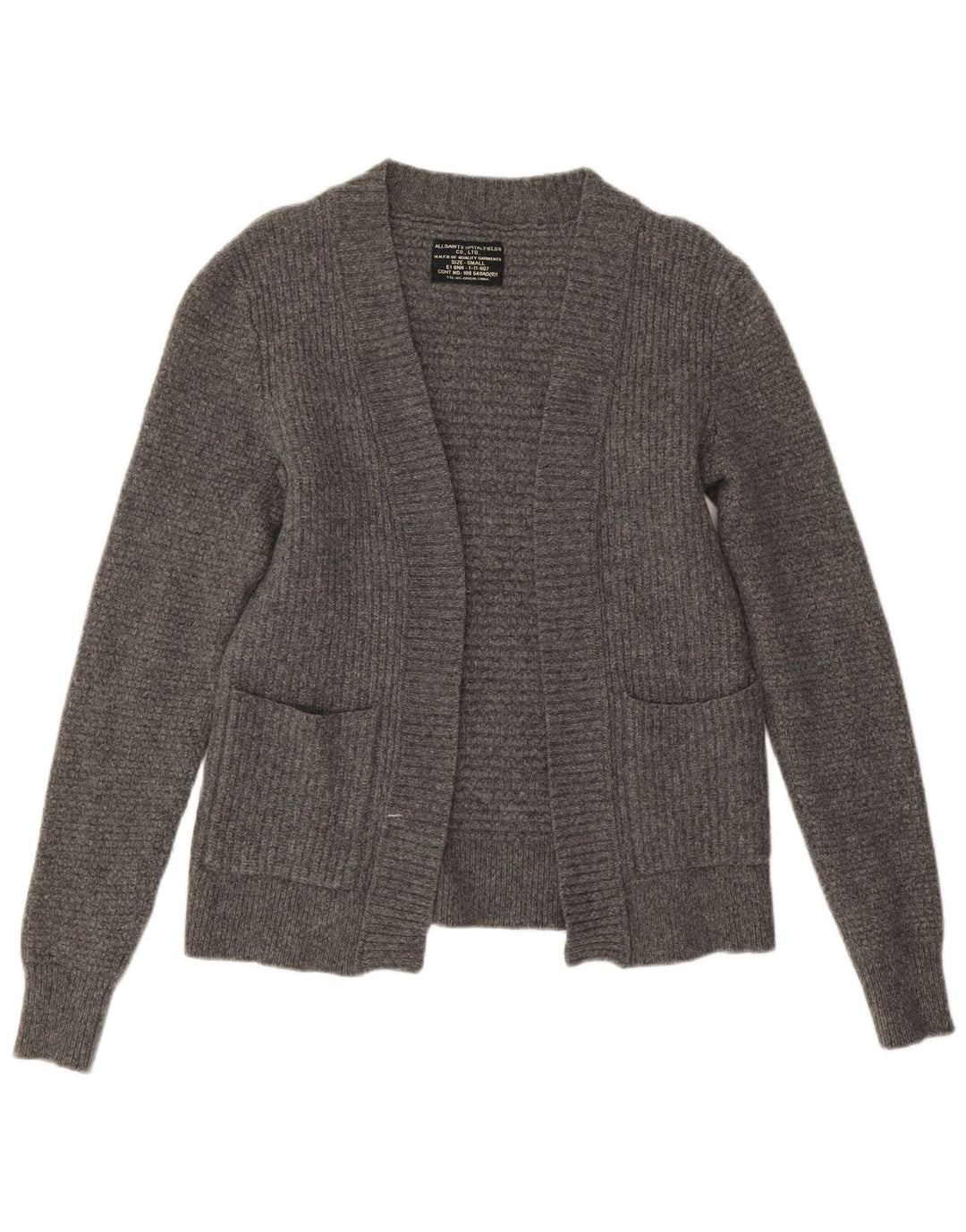 Maglione cardigan aperto da donna All Saints UK 10 piccolo lana d'agnello grigia