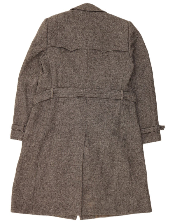 Cappotto doppiopetto vintage da donna UK 14 Lana vergine screziata grigio medio