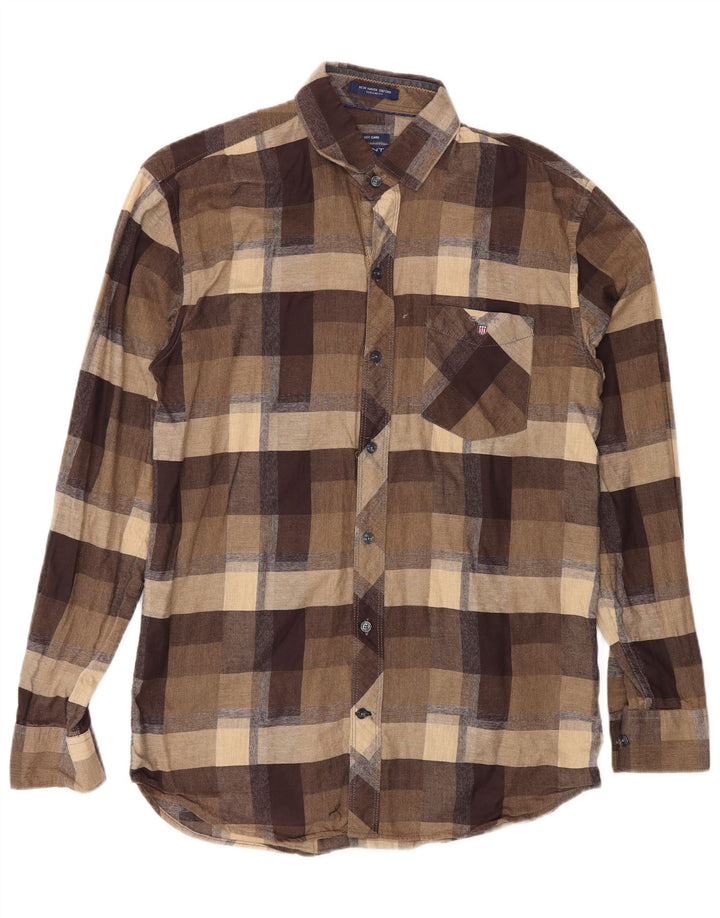 Gant Camicia da uomo in flanella vestibilità regolare, cotone a quadri marroni grandi